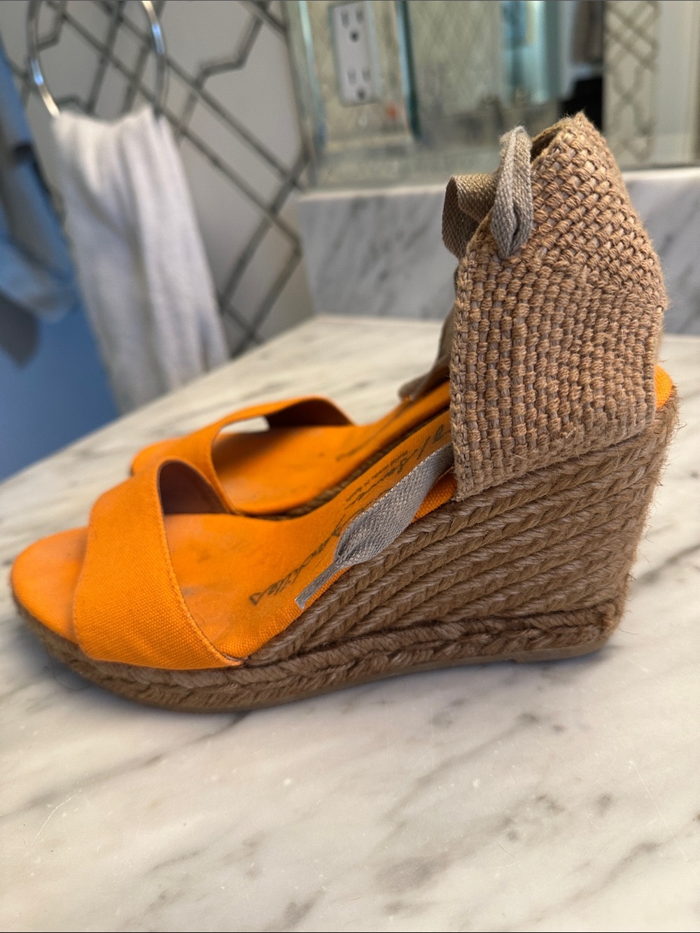 Gaimo Orange Canvas Espadrille Wedge Sandals with Braided Jute Heel